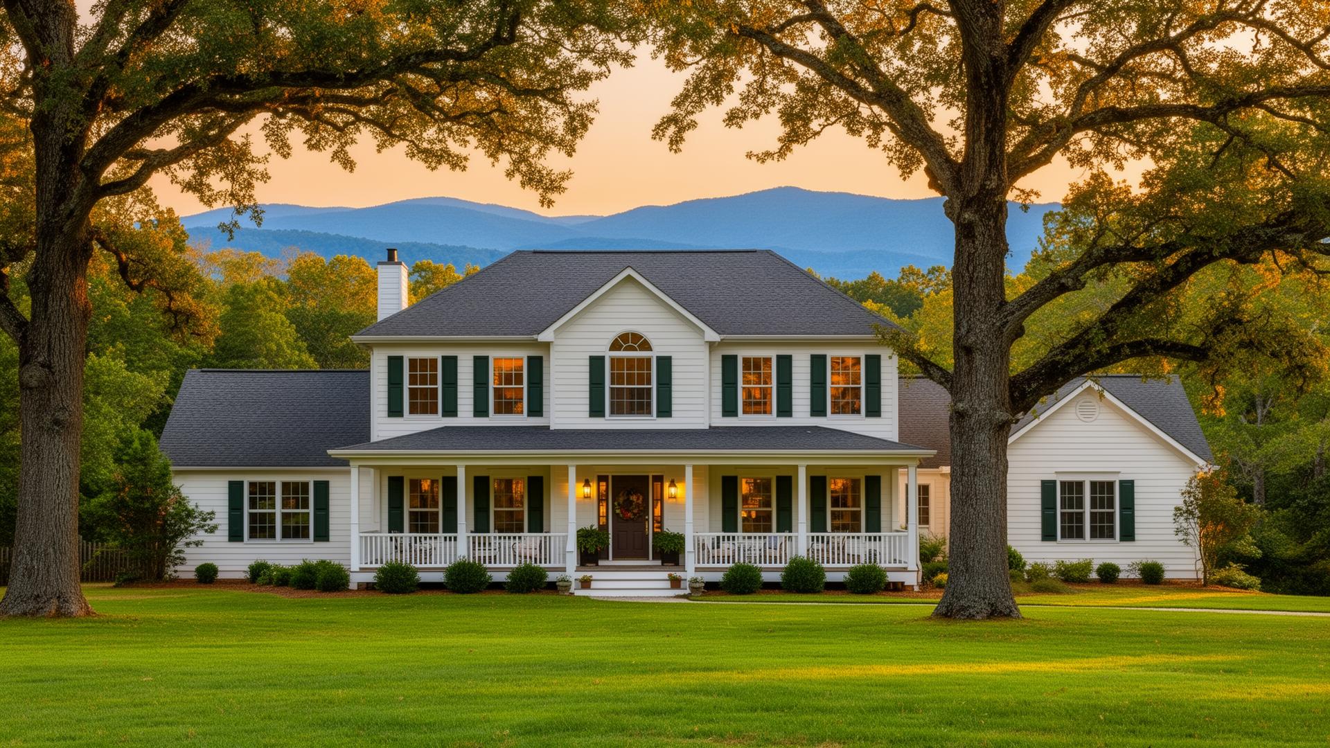 A white Virginia colonial home with green shutters and a wide front porch at golden hour, Blue Ridge mountains in the distance