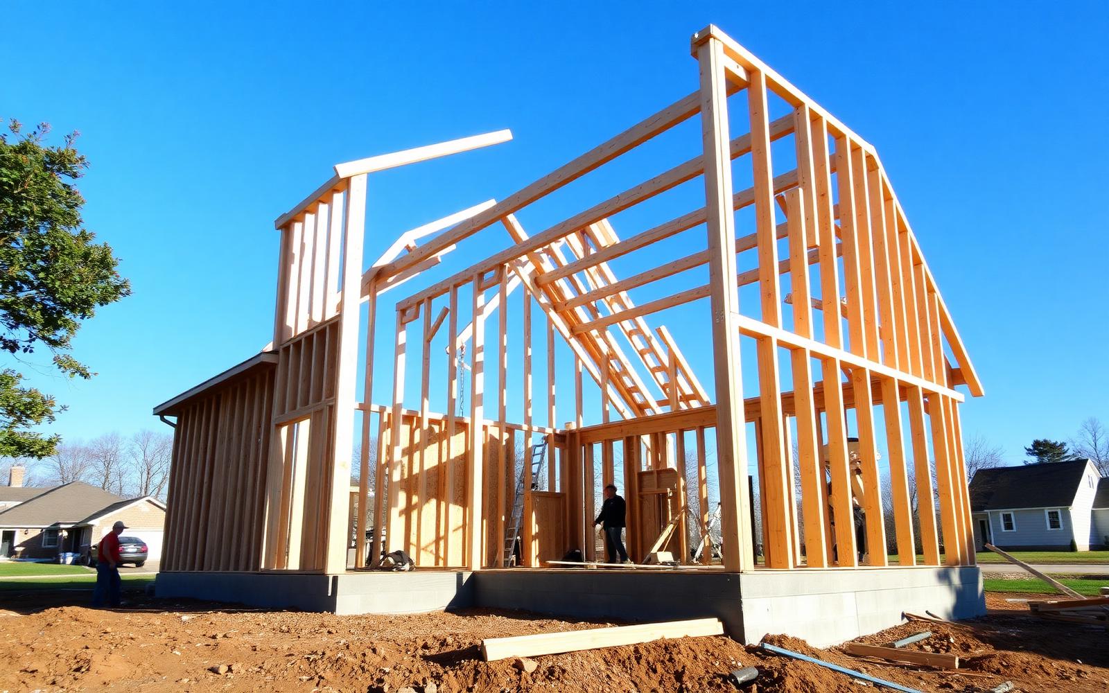 A family home being framed on a Virginia lot